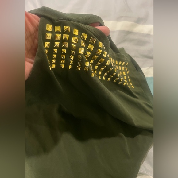 BIG SALE(5 for $20)- Espresso Green Short Sleeve Top with Gold Studs - Picture 3 of 4